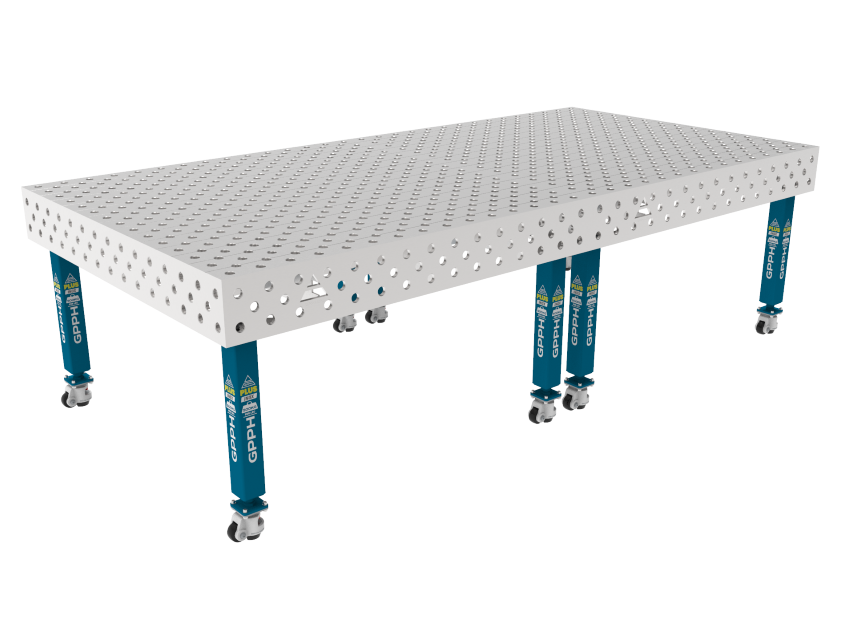 Schweißtisch PLUS INOX 3000 x 1480 mm Gitter - diagonal, System - Φ28, Beine - Auf Rollen, Tischplatte - Tischplatte PLUS INOX