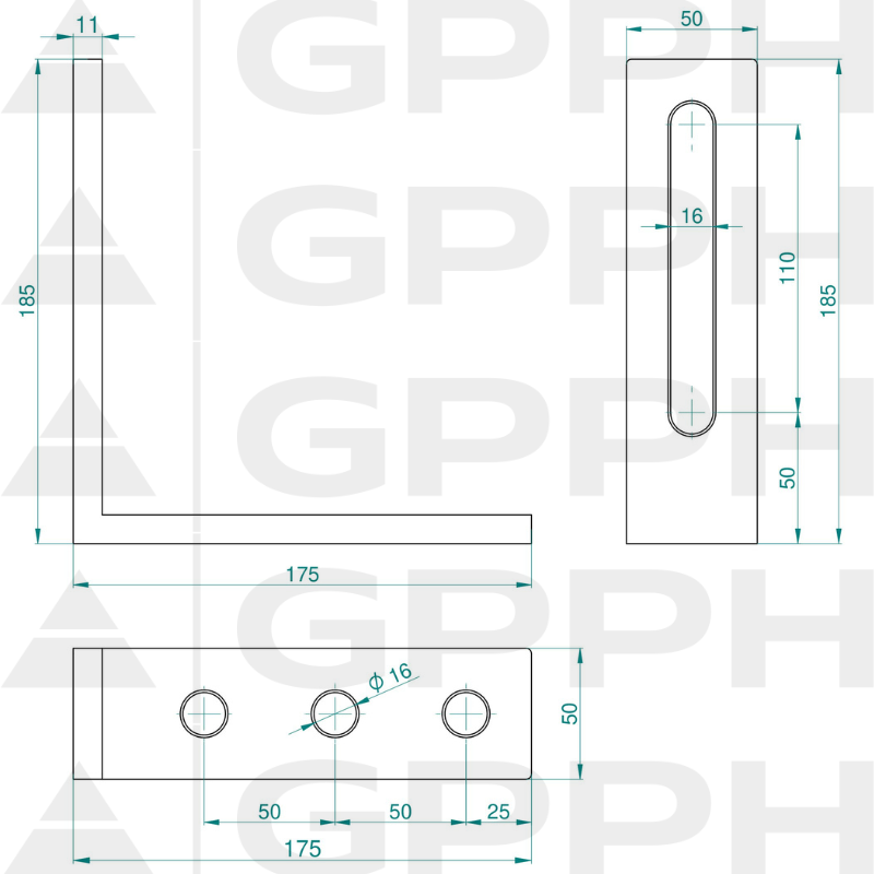 Winkelprofil 185 x 175 mm, System – Φ16, Serie – PLUS, technische Zeichnung