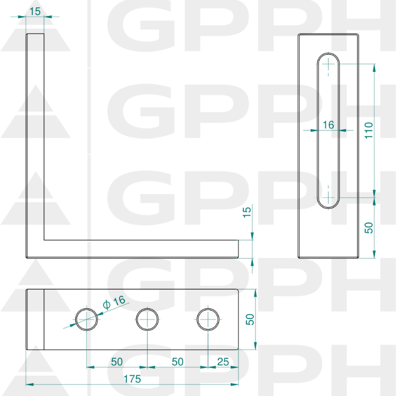 Winkelprofil 185 x 175 mm, System – Φ16, Serie – PRO, technische Zeichnung