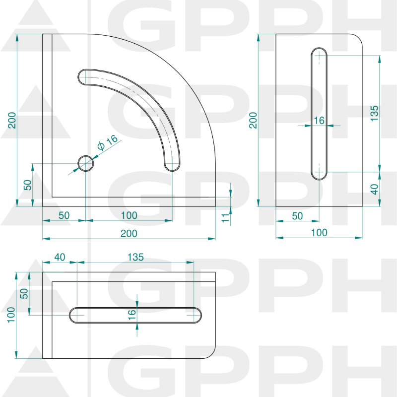 Kątownik 200x200mm, System - Φ16, Seria - PLUS rysunek techniczny