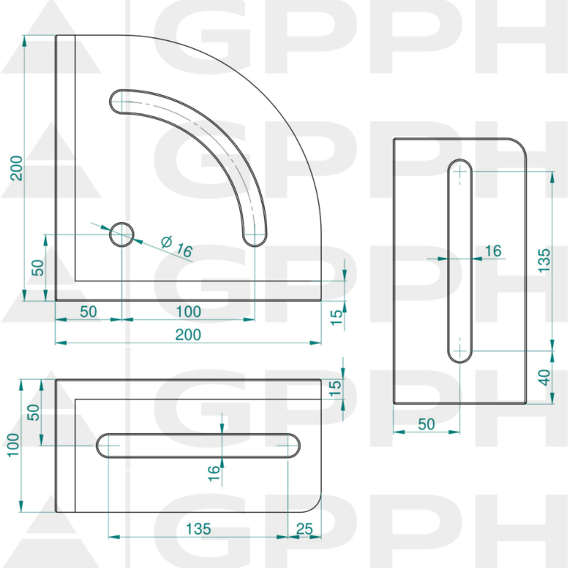 Kątownik 200x200mm, System - Φ16, Seria - PRO rysunek techniczny