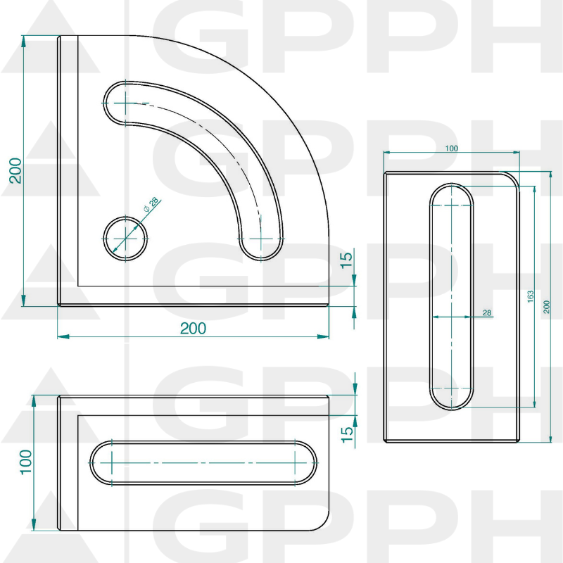 Kątownik 200x200mm, System - Φ28, Seria - PRO rysunek techniczny