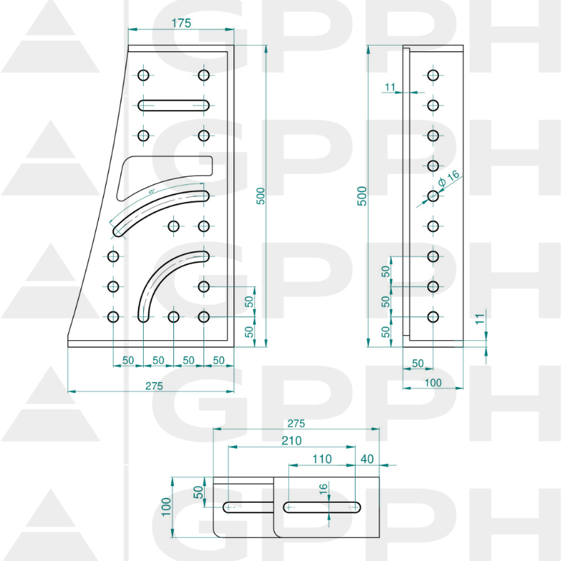 Angle bracket 275x500x175x100mm, System - Φ16, Series - PLUS technical drawing