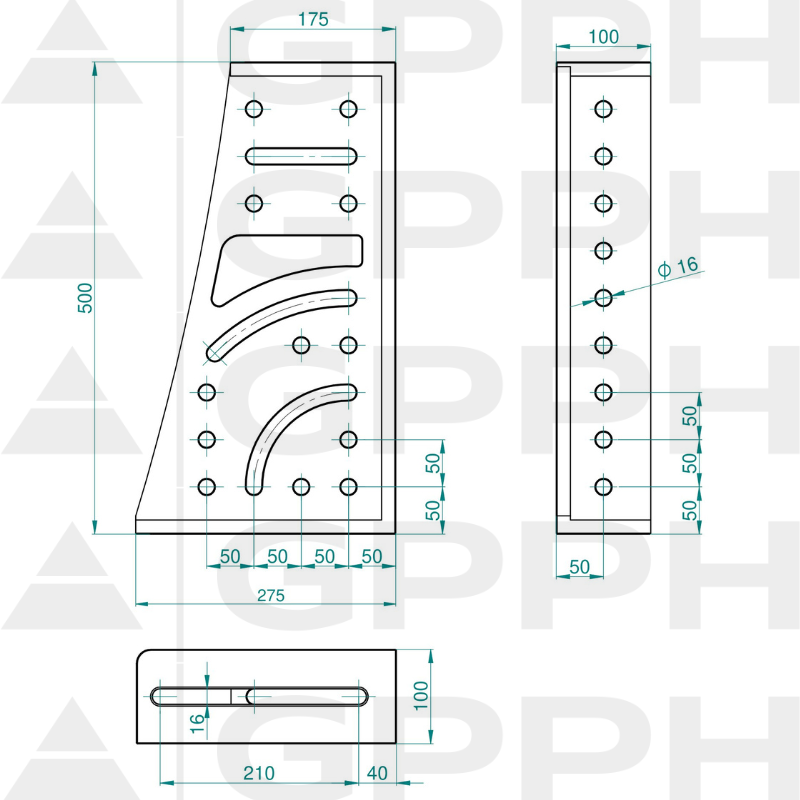 Angle bracket 275x500x175x100mm, System - Φ16, Series - PRO technical drawing