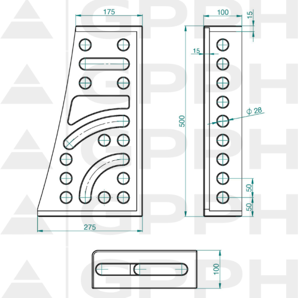 Angle bracket 275x500x175x100mm, System - Φ28, Series - PRO technical drawing