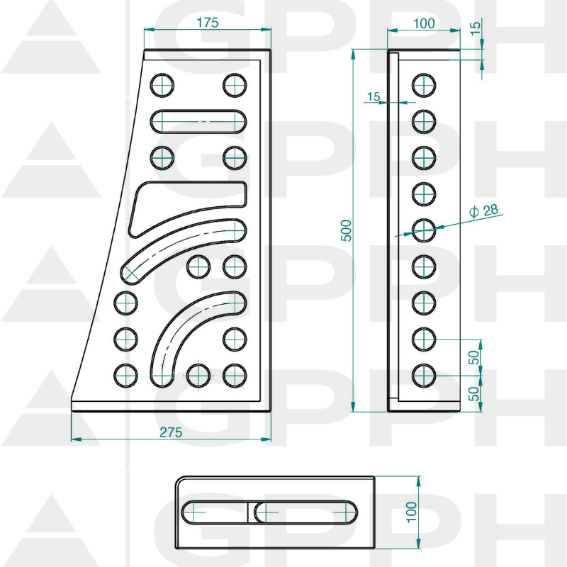 Angle bracket 275x500x175x100mm, System - Φ28, Series - PRO technical drawing