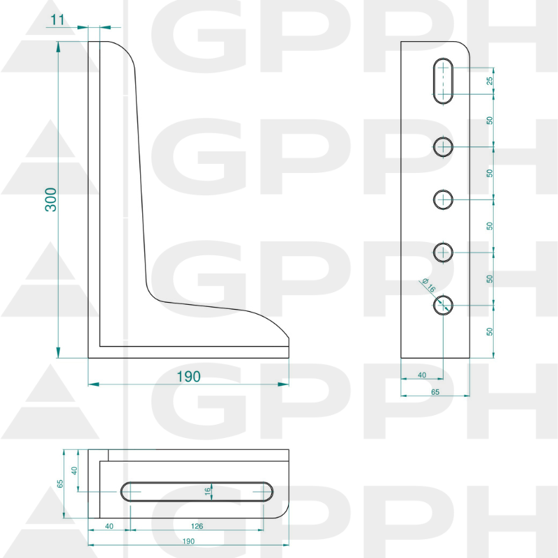 Ángulo 300x190 mm, sistema - Φ16, serie - PLUS, dibujo técnico