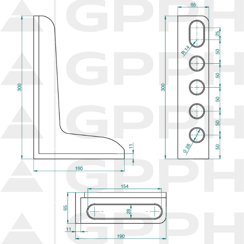 Ángulo 300x190 mm, sistema - Φ28, serie - PLUS, dibujo técnico