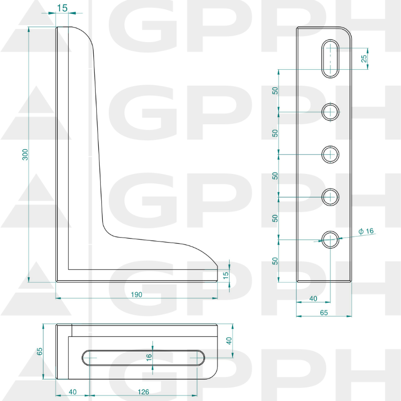 Ángulo 300x190 mm, sistema - Φ16, serie - PRO, dibujo técnico