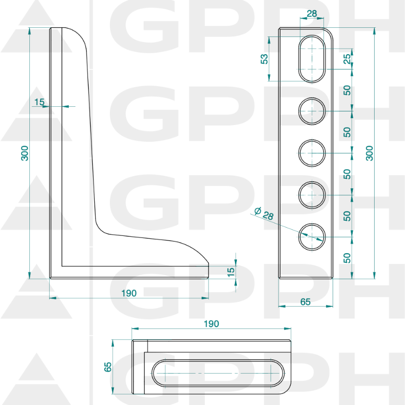 Ángulo 300x190 mm, sistema - Φ28, serie - PRO, dibujo técnico