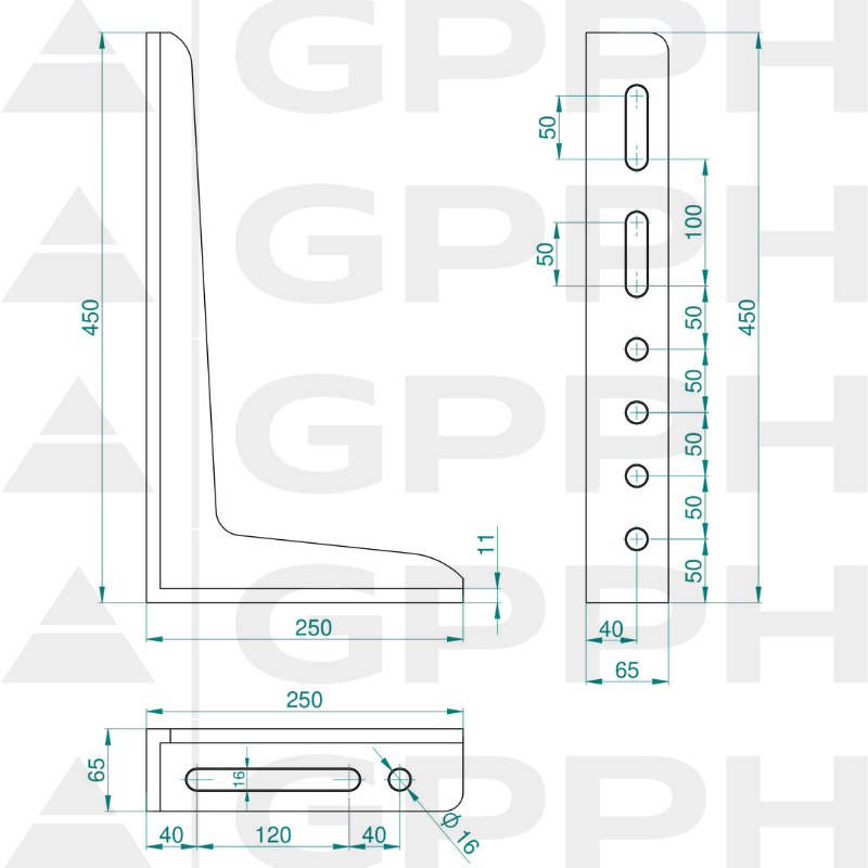 Angle bracket 450x250mm, System - Φ16, Series - PLUS technical drawing
