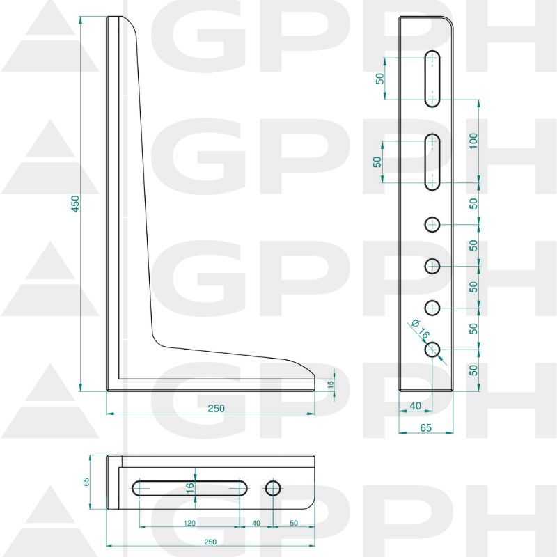 Angle bracket 450x250mm, System - Φ16, Series - PRO technical drawing