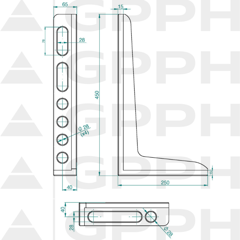 Angle bracket 450x250mm, System - Φ28, Series - PRO technical drawing