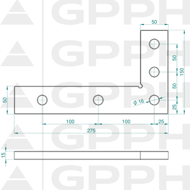 Technický výkres plochého pravítka 275×150 mm, Systém – Φ16, Séria – PRO
