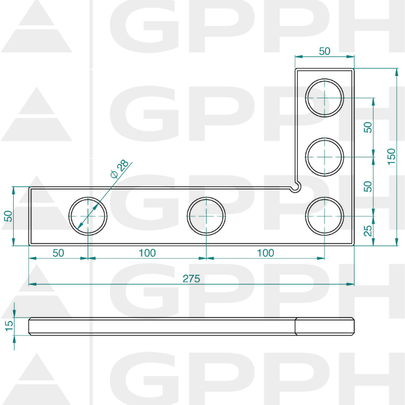 Technický výkres plochého pravítka 275×150 mm, Systém – Φ28, Séria – PRO