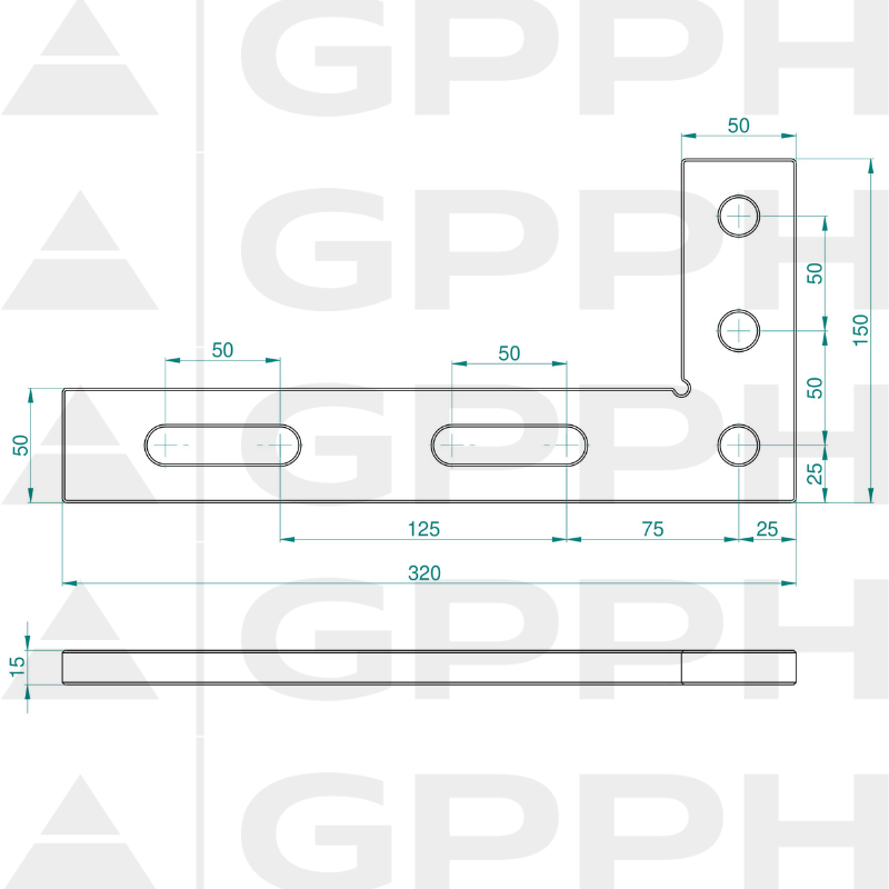 Escuadra plana 320x150mm, Sistema - Φ16, Serie - PRO dibujo técnico