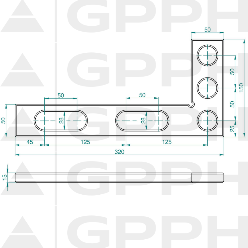 Escuadra plana 320x150mm, Sistema - Φ28, Serie - PRO dibujo técnico