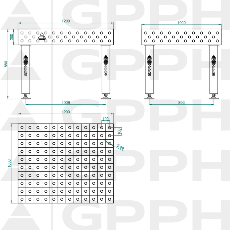 Schweißtisch PRO Größe – 1200 x 1000 mm, Gitter – 100 x 100 mm, System – Φ28, Beine – Auf Füßen Technische Zeichnung