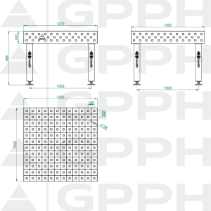 Table de soudage PRO Grille - 100x100 mm, Système - Φ28, Dimensions - 1200x1200 mm, Pieds - Sur patins Dessin technique