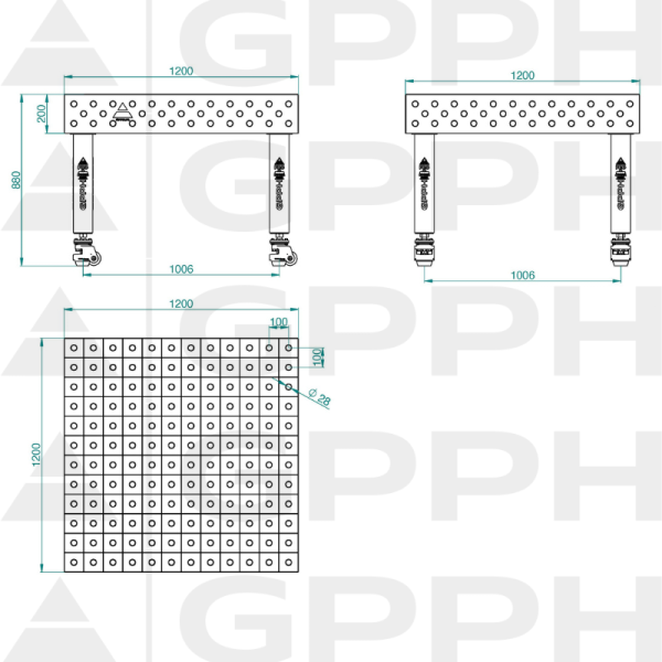 Table de soudage PRO Grille - 100x100 mm, Système - Φ28, Dimensions - 1200x1200 mm, Pieds - Sur roulettes Dessin technique