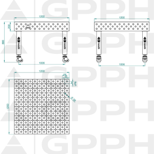 Table de soudage PRO Grille - diagonale, Système - Φ28, Dimensions - 1200x1200 mm, Pieds - Sur roulettes Dessin technique