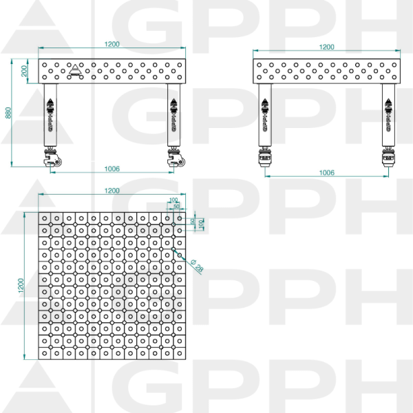 Table de soudage PRO Grille - diagonale, Système - Φ28, Dimensions - 1200x1200 mm, Pieds - Sur roulettes Dessin technique