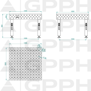 Table de soudage PRO Grille - diagonale, Système - Φ28, Dimensions - 1200x1200mm, Pieds - Sur patins Dessin technique