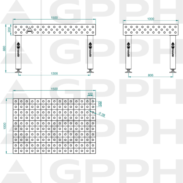 Schweißtisch PRO Gitter – 100 x 100 mm, System – Φ28, Größe – 1500 x 1000 mm, Beine – Auf Füßen Technische Zeichnung