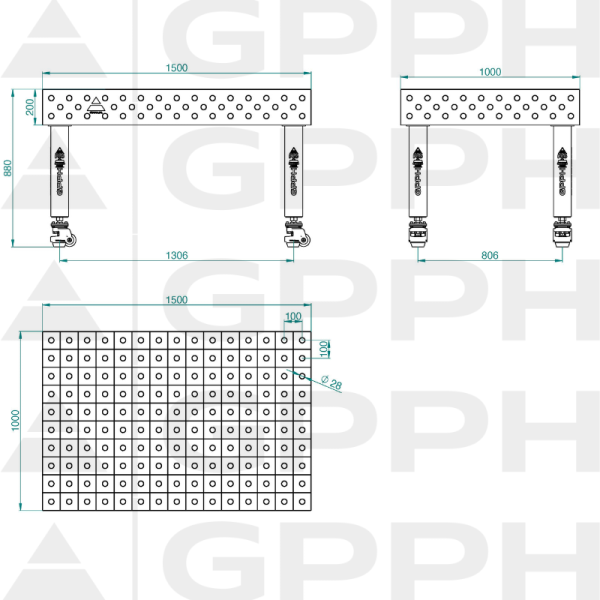 Schweißtisch PRO Gitter – 100 x 100 mm, System – Φ28, Größe – 1500 x 1000 mm, Beine – auf Rädern Technische Zeichnung