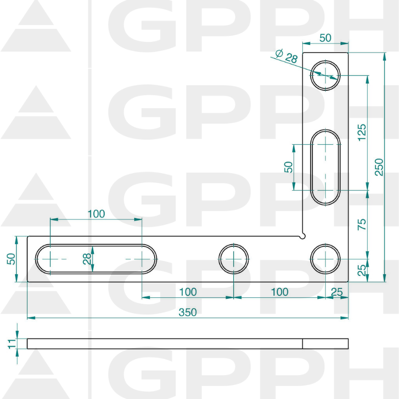 Escuadra plana 350x250mm, Sistema - Φ28, Serie - PLUS dibujo técnico