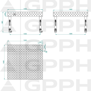 Mesa de soldadura PRO Malla: 100 x 100 mm, sistema: Φ28, tamaño: 1500 x 1480 mm, patas: con ruedas. Dibujo técnico.