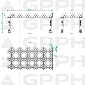 Table de soudage PRO Grille - diagonale, Système - Φ28, Dimensions - 2000x1000mm, Pieds - Sur roulettes Dessin technique