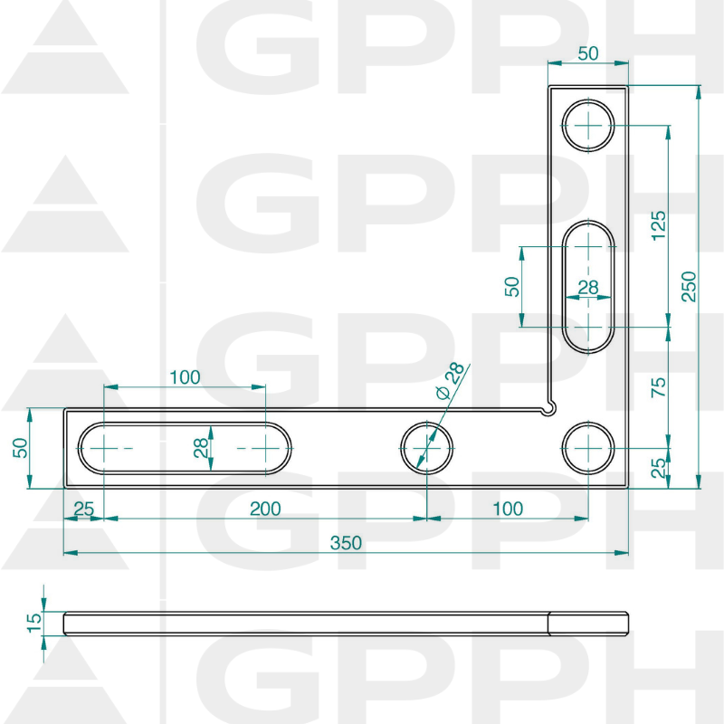 Escuadra plana 350x250mm, Sistema - Φ28, Serie - PRO dibujo técnico