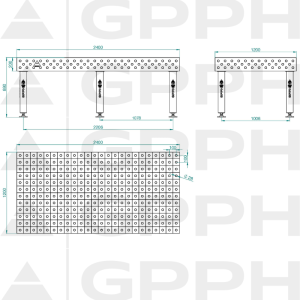 Table de soudage PRO Grille - 100x100 mm, Système - Φ28, Dimensions - 2400x1200 mm, Pieds - Sur patins Dessin technique