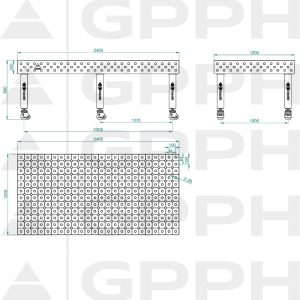 Table de soudage PRO Grille - diagonale,  Système - Φ28, Dimensions - 2400x1200mm, Pieds - Sur roulettes Dessin technique