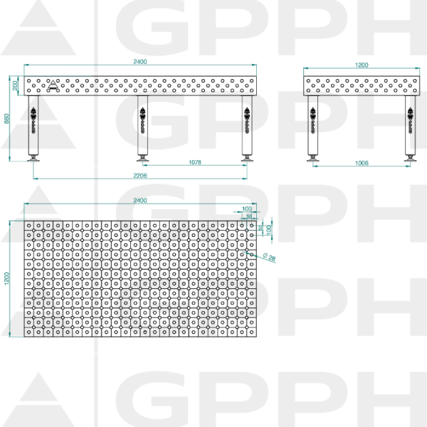 Table de soudage PRO Grille - diagonale,  Système - Φ28, Dimensions - 2400x1200mm, Pieds - Sur patins Dessin technique