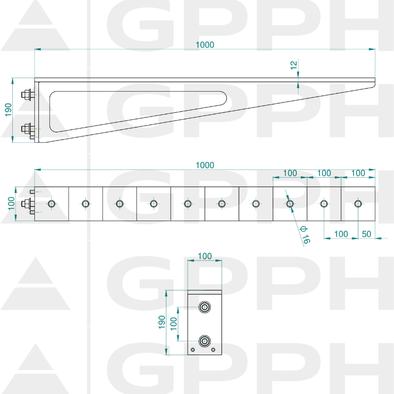 Extensie 1000x100 mm, Plasă - 100x100 mm, Sistem - Φ16, Serie - PLUS| Desen tehnic