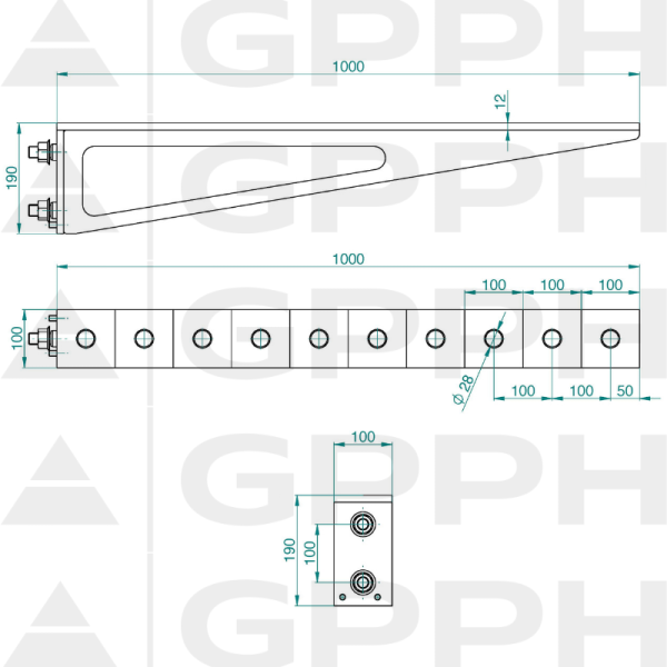 Table extension 1000x100mm, Mesh - 100x100mm, System - Φ28, Series - PLUS | Technical drawing