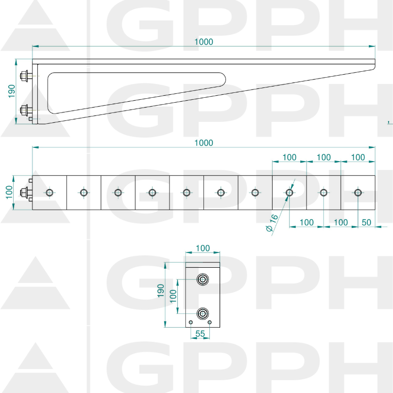 Extensie 1000x100 mm, Plasă - 100x100 mm, Sistem - Φ16, Serie - PRO| Desen tehnic