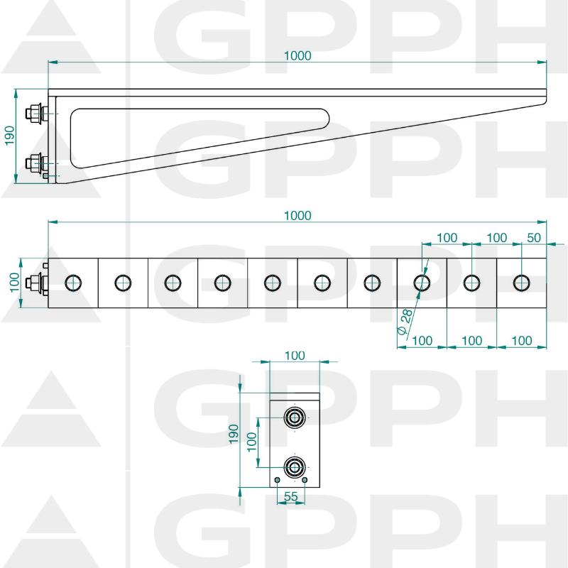 Extensie 1000x100 mm, Plasă - 100x100 mm, Sistem - Φ28, Serie - PRO| Desen tehnic
