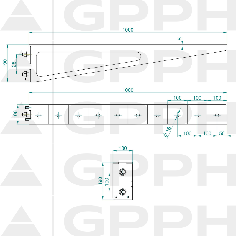 Extensie 1000x100 mm, Plasă - 100x100 mm, Sistem - Φ16, Serie - ECO| Desen tehnic