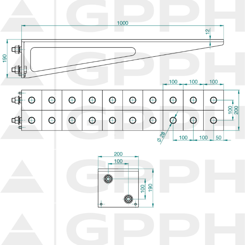 Extensie 1000x200 mm, Plasă - 100x100 mm, Sistem - Φ28, Serie - PLUS | Desen tehnic