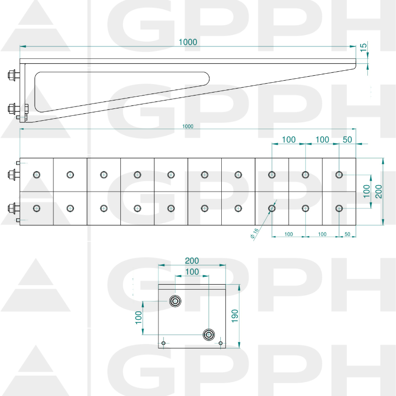 Extensie 1000x200 mm, Plasă - 100x100 mm, Sistem - Φ16, Serie - PRO | Desen tehnic