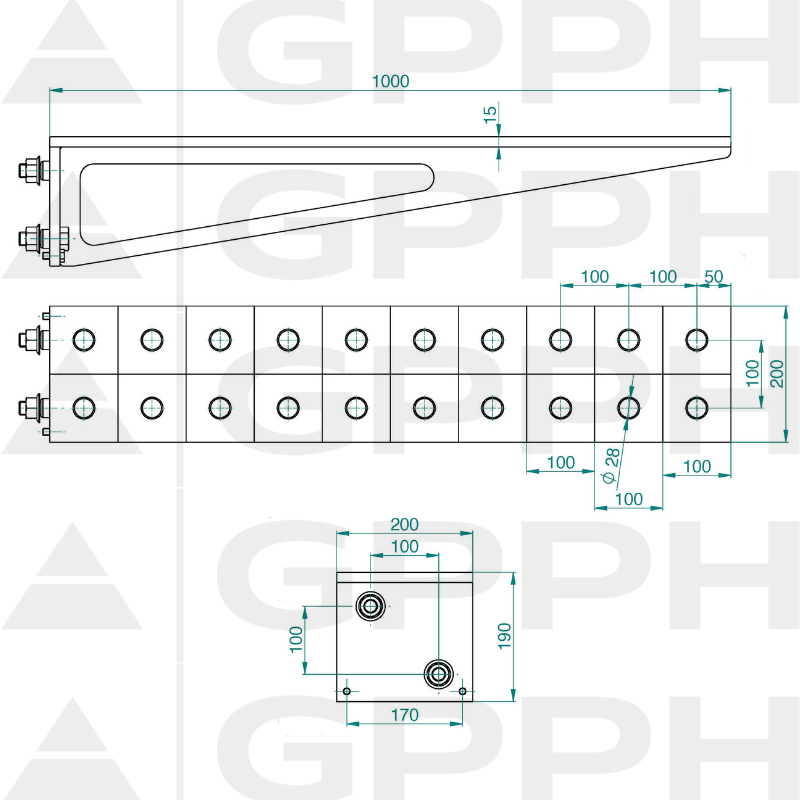 Extensie 1000x200 mm, Plasă - 100x100 mm, Sistem - Φ28, Serie - PRO | Desen tehnic