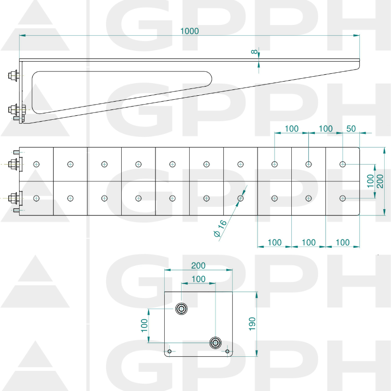 Extensie 1000x200 mm, Plasă - 100x100 mm, Sistem - Φ16, Serie - ECO | Desen tehnic
