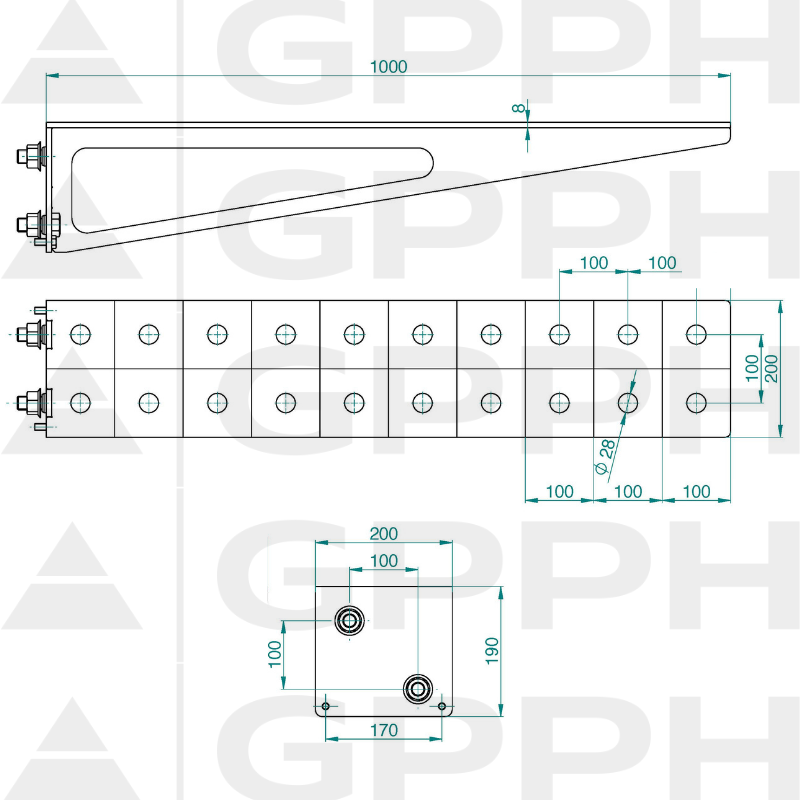 Extensie 1000x200 mm, Plasă - 100x100 mm, Sistem - Φ28, Serie - ECO | Desen tehnic