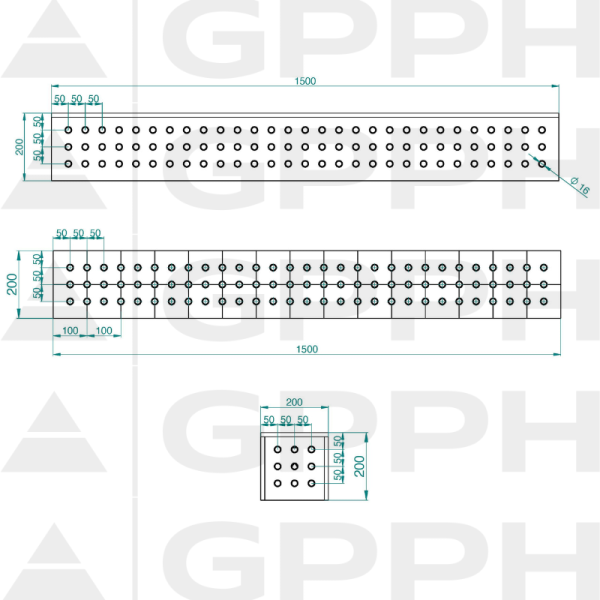 Bloc de conectare pentru masa de sudură
1500x200x200mm, Plasă - 50x50mm, Sistem - Φ16, Pentru masă - PLUS desen tehnic