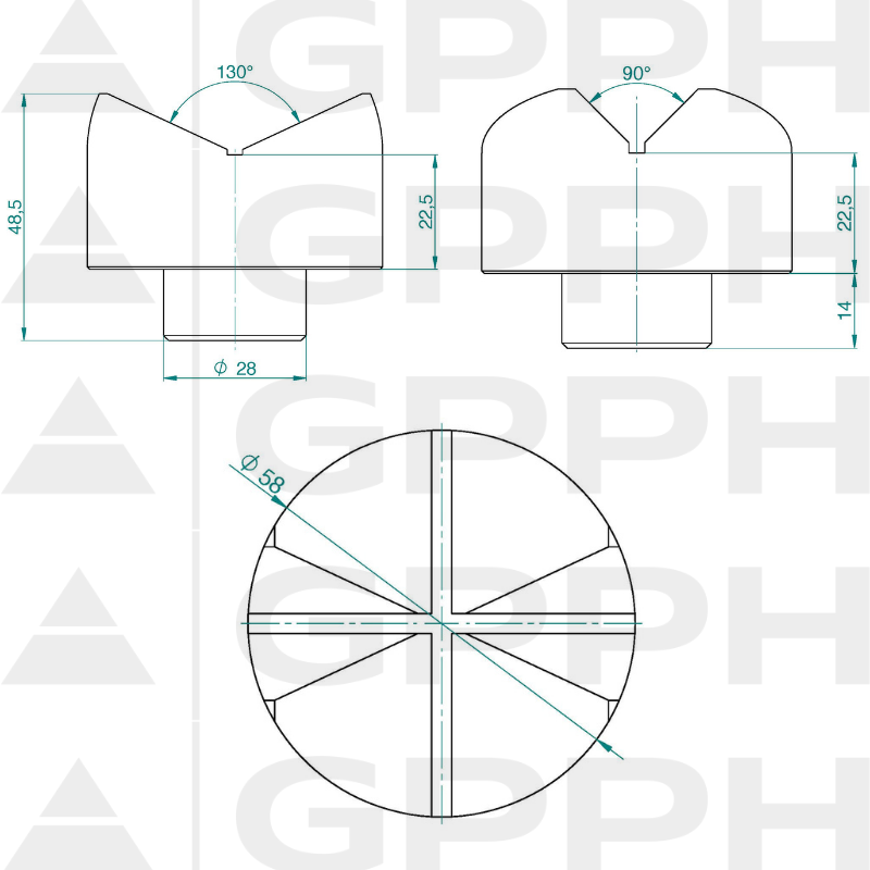 Prisma Φ58 mm 130°/90° sistema fi28 mm dibujo técnico