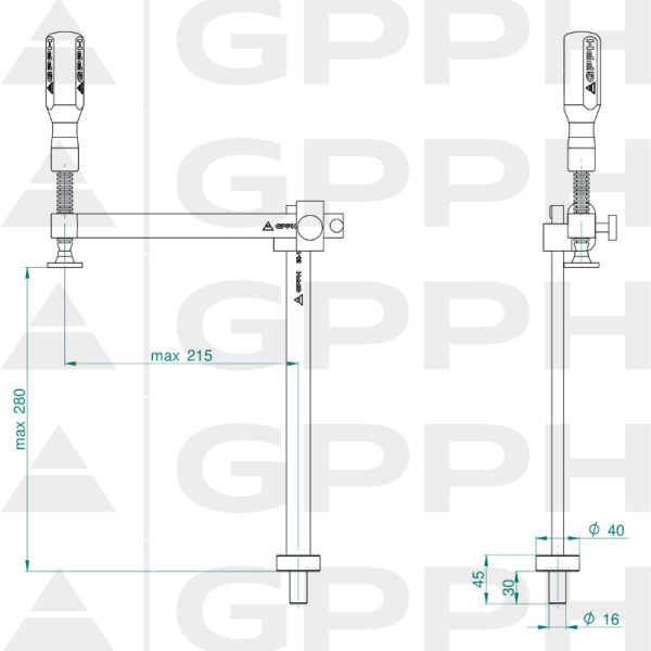 Variable throat depth clamp GPPH fi16 mm - technical drawing