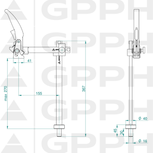 Fastening clamp with lever and variable throat depth GPPH fi16 mm - technical drawing